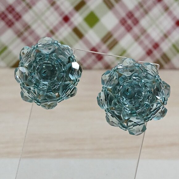 Vintage Teal Blue Beaded Japan Clip On Earrings Fashion Costume Jewelry #84 - Picture 1 of 15